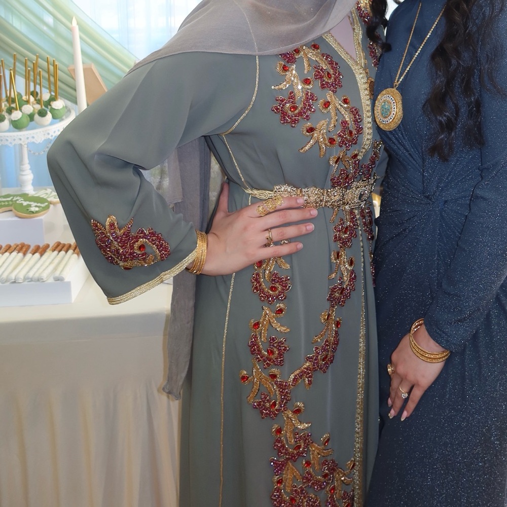 Embellished Olive Green Kaftan with Gold & Red Accents